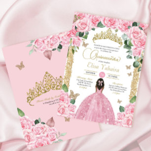 Convite Rosa Floral Princesa Quinceanera, Borboleta Rosa