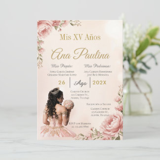Convite Rosa Floral Quinceanera com Rubor Espanhol