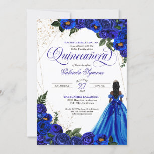 Convite Rosa Floral Real Azul e Quinceañera Elegante Dour