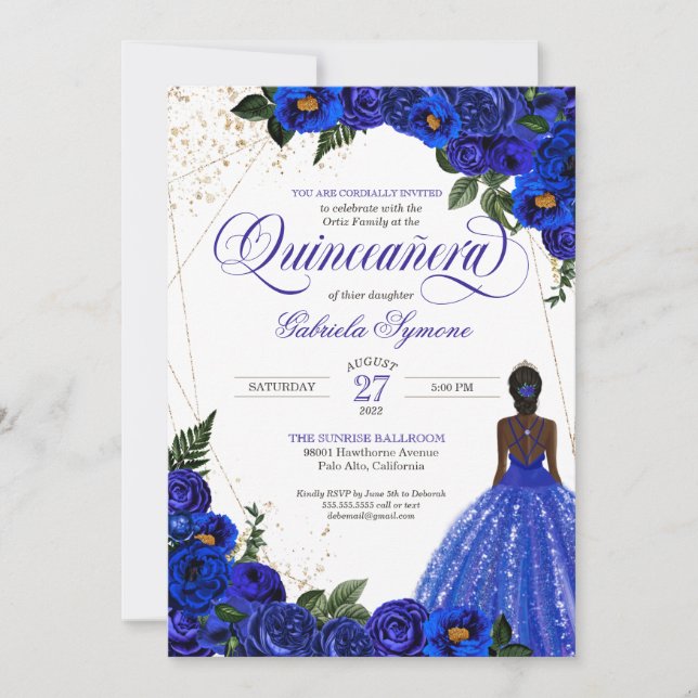 Convite Rosa Floral Real Azul e Quinceañera Elegante Doura (Frente)