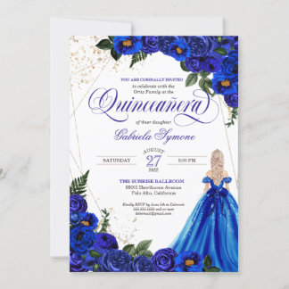 Convite Rosa Floral Real Azul e Quinceañera Elegante Doura