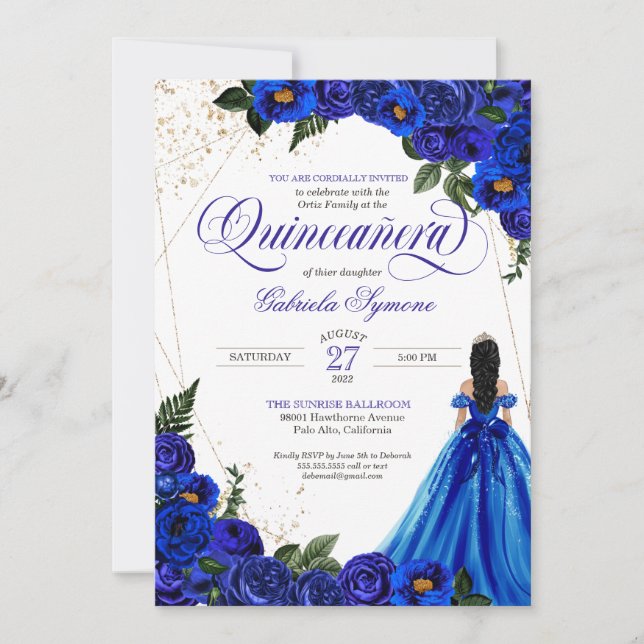 Convite Rosa Floral Real Azul e Quinceañera Elegante Doura (Frente)