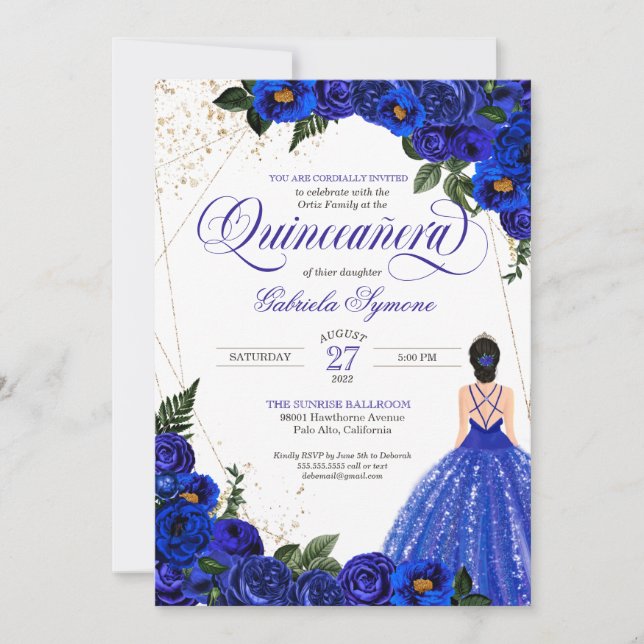 Convite Rosa Floral Real Azul e Quinceañera Elegante Doura (Frente)