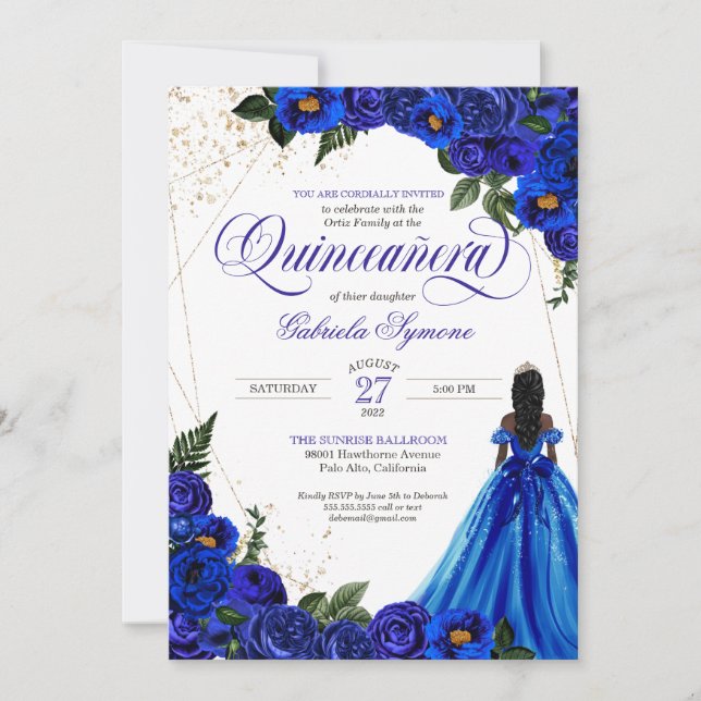 Convite Rosa Floral Real Azul e Quinceañera Elegante Doura (Frente)