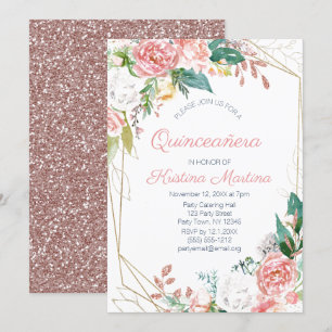 Convite Rosa Floral Rosa Dourado Glitter Quinceañera Aniv