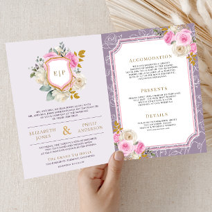 Convite Rosa Floral Roxo Pó Tudo em Um Brasão Casamento