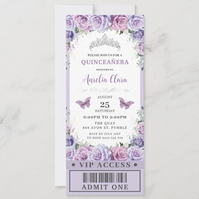 Convite Rosa Floral Roxo Quinceañera Docinho 16 VIP (Frente)