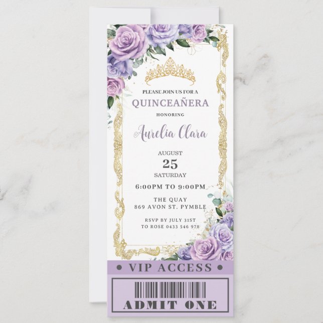 Convite Rosa Floral Roxo Quinceañera Docinho 16 VIP (Frente)