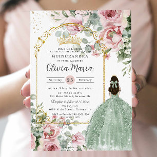 Convite Rosa Floral Salvia Verde Quinceañera Doze Anos
