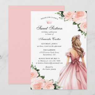 Convite Rosa Floral Sweet Sixteen