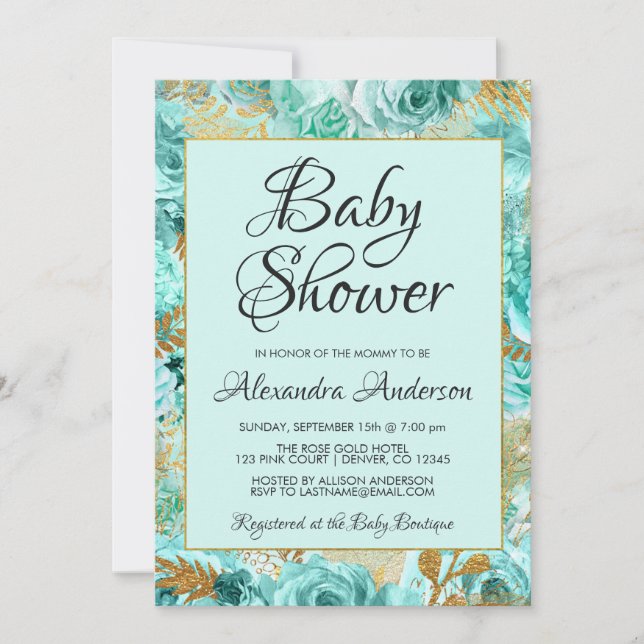 Convite Rosa Floral Teal Monograma Chá de fraldas (Frente)