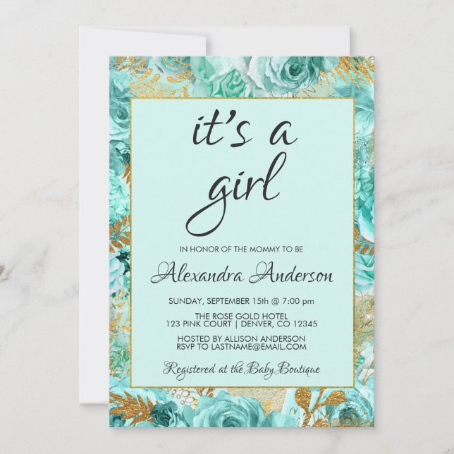 Convite Rosa Floral Teal Monograma Chá de fraldas (Frente)