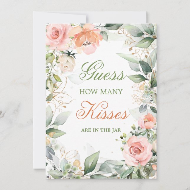 Convite Rosa, floral, verde, adivinhem quantos beijos se j (Frente)