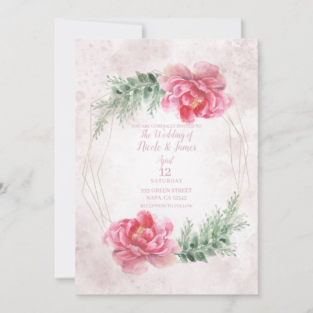 Convite Rosa Floral Verde Água-tinta Casamento (Frente)