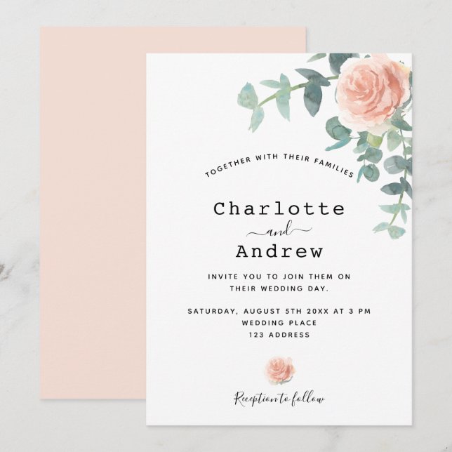 Convite Rosa floral verde-elegante casamento (Frente/Verso)
