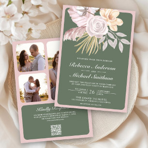 Convite Rosa Floral Verde Sálvia Rústica Código QR Casamen
