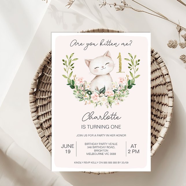Convite Rosa Floral Você Me Gatinha primeiro aniversario (Are You Kitten Me Invitation Template, Kitten Me 1st Birthday Invitation, Kitten Themed Birthday)