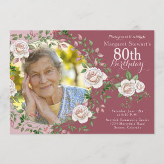Convite Rosa Floral Wreath Photo Birthday