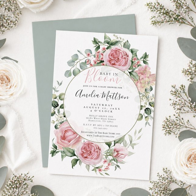 Convite Rosa Flores Baby in Bloom Chá de Bebê (Blush Pink Floral Baby in Bloom Baby Shower Invitation)