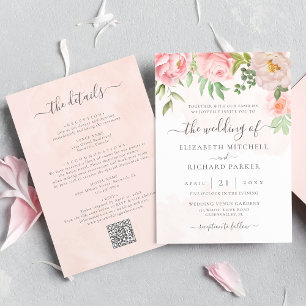 Convite Rosa Flores de Peônia Floral Código QR Casamento T