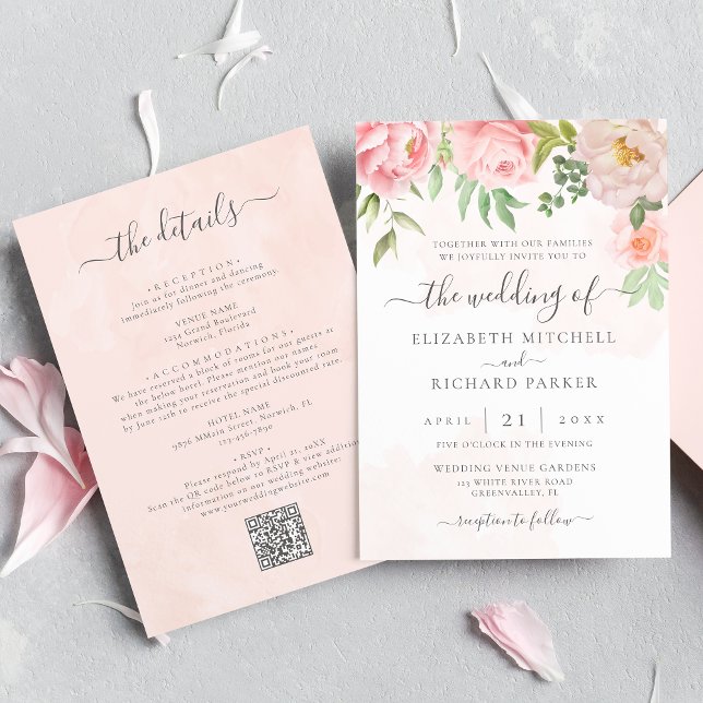 Convite Rosa Flores de Peônia Floral Código QR Casamento T (Criador carregado)