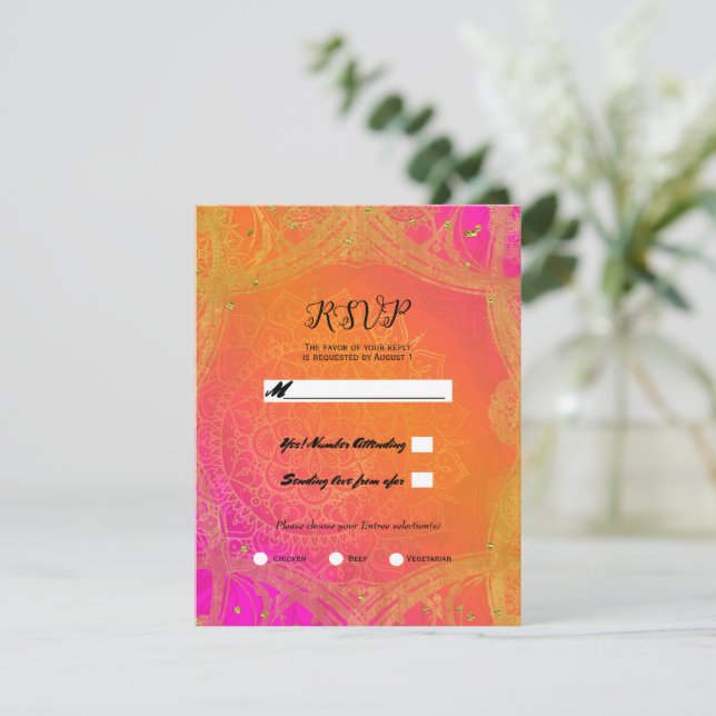 Convite Rosa Fuchsia Laranja Dourado Mandala Casamento RSV (Em pé/Frente)