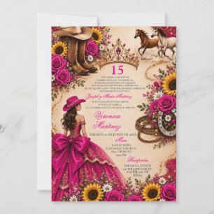 Convite Rosa Fúcsia Girassol Rosa Vaquera Quinceañera