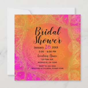 Convite Rosa Fúcsia Laranja Dourado Mandala Bridal Indiano