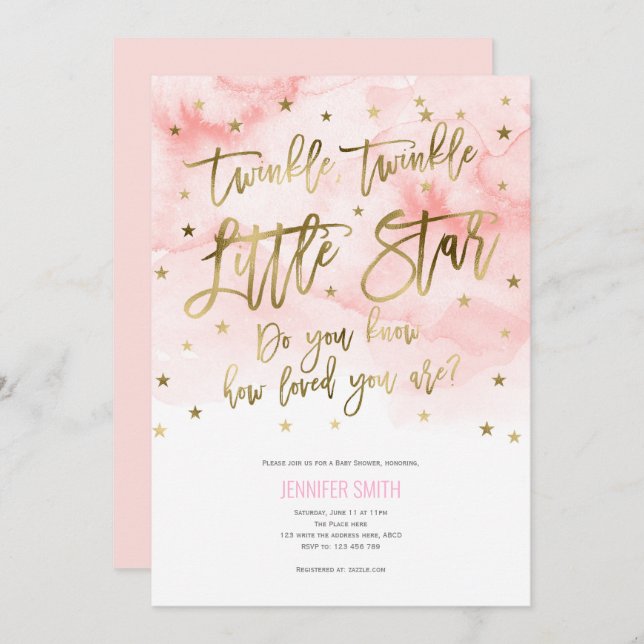 Convite Rosa, Garota Bebê, Pequenas estrelas Brilhantes, C (Frente/Verso)