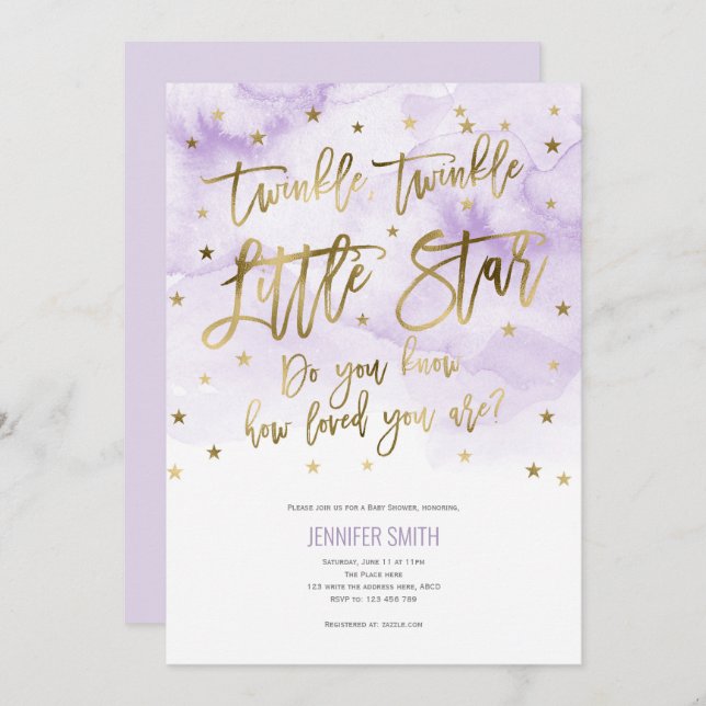 Convite Rosa, Garota Bebê, Pequenas estrelas Brilhantes, C (Frente/Verso)