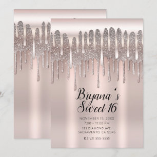 Convite Rosa Gelado Ouro Rosê Diamante Brilho Gotejamento 