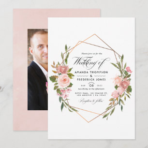 Convite Rosa Geométrica Dourada e Rosa Beije Casamento Fot