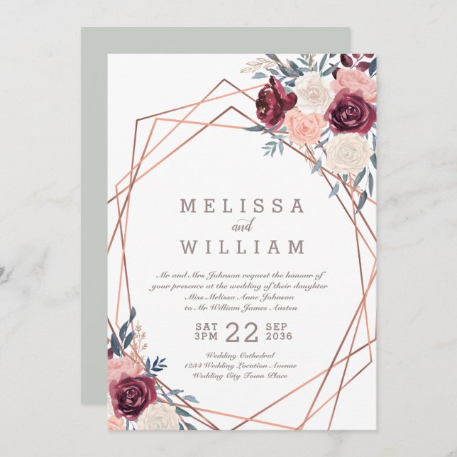 Convite Rosa Geométrico Borgonha-Marinha Casamento de Marf (Frente/Verso)