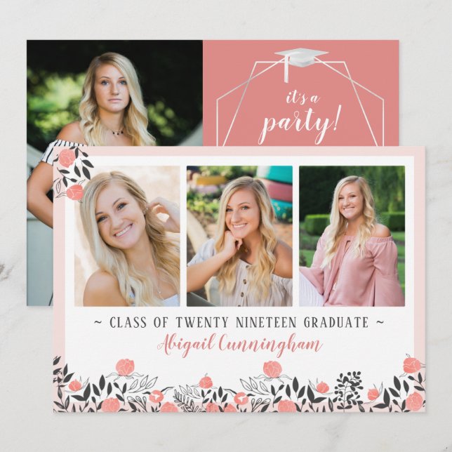 Convite Rosa Geométrico Dourada de festa de formatura Flor (Frente/Verso)