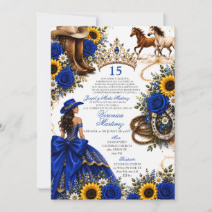 Convite Rosa Girassol Azul Real Vaquera Quinceañera 