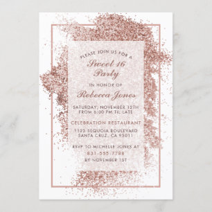 Convite Rosa Glitter e Script Elegante Dourado de 16 Festa
