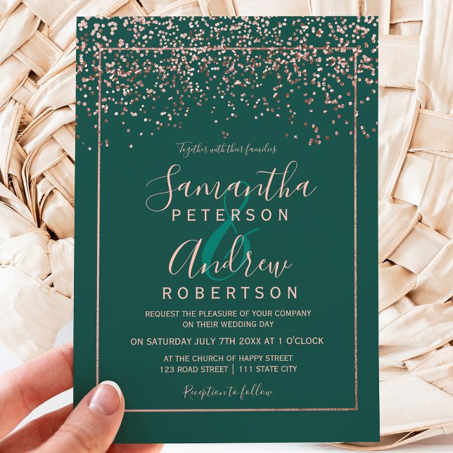 Convite Rosa gold confetti emerald green script casamento (Criador carregado)