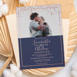 Convite Rosa gold confetti marinho de fotografia casamento