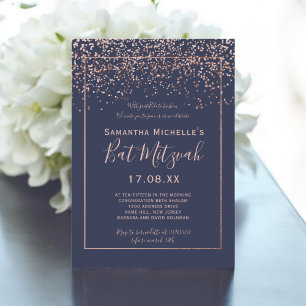 Convite Rosa gold confetti marinho script azul Mitzvah