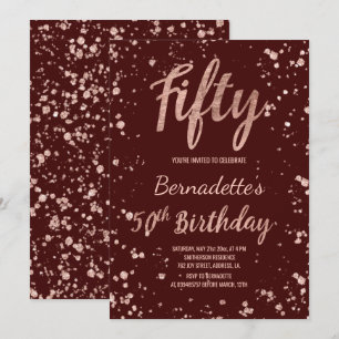 Convite Rosa gold confetti red burgundy 50º Aniversário