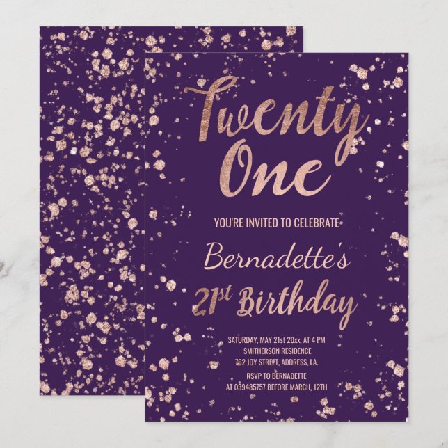 Convite Rosa gold confetti roxo splatters aniversário de 2 (Frente/Verso)