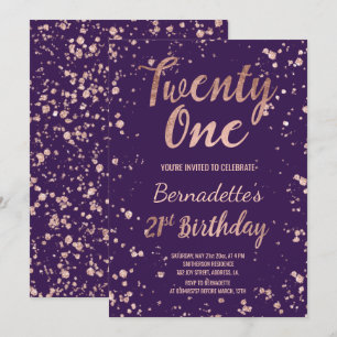 Convite Rosa gold confetti roxo splatters aniversário de 2
