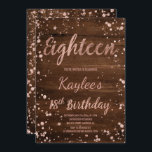 Convite Rosa gold confetti rustic wood 18th Aniversário<br><div class="desc">Faux rosa gold confetti splatters rustic Brown wood 18th Aniversário. Um moderno 18º Convite de aniversário com um convite de folha de ouro rosa moderno, original e simples, com rosa dourado, esplendores de confetti e uma tipografia de pincel feita à mão. Se precisar de algum texto mudado e personalizado, não...</div>