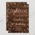 Convite Rosa gold confetti rustic wood 18th Aniversário<br><div class="desc">Faux rosa gold confetti splatters rustic Brown wood 18th Aniversário. Um moderno 18º Convite de aniversário com um convite de folha de ouro rosa moderno, original e simples, com rosa dourado, esplendores de confetti e uma tipografia de pincel feita à mão. Se precisar de algum texto mudado e personalizado, não...</div>