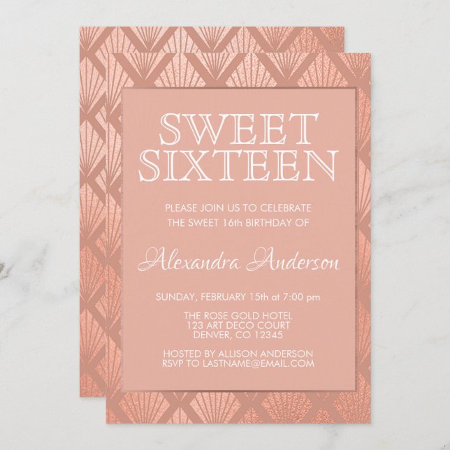 Convite Rosa Gold Foil Art Deco Swedezesseis (Frente/Verso)
