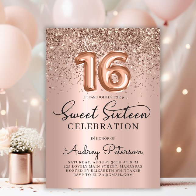 Convite Rosa Gold Foil Balloon Glitter Doce 16. Aniversári (Criador carregado)