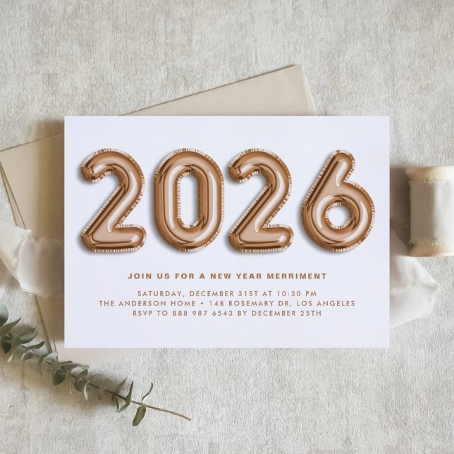 Convite Rosa Gold Foil Balloons 2024 Partido da Véspera do (Customizable 2026 New Year party invitation featuring rose gold foil mylar balloons.)