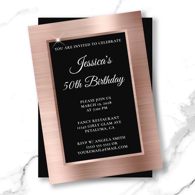 Convite Rosa Gold Foil e Black Overlay 50º aniversário (Rose Gold Foil and Black Overlay 50th Birthday Invitation)