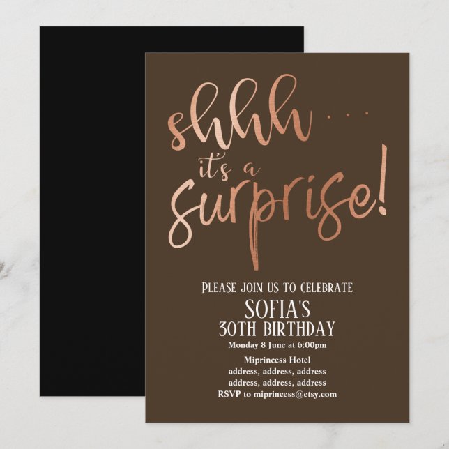 Convite Rosa Gold Foil, é uma festa surpresa (Frente/Verso)