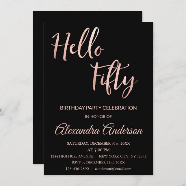 Convite Rosa Gold Foil Hello 50 Fiftieth Festa de aniversá (Frente/Verso)
